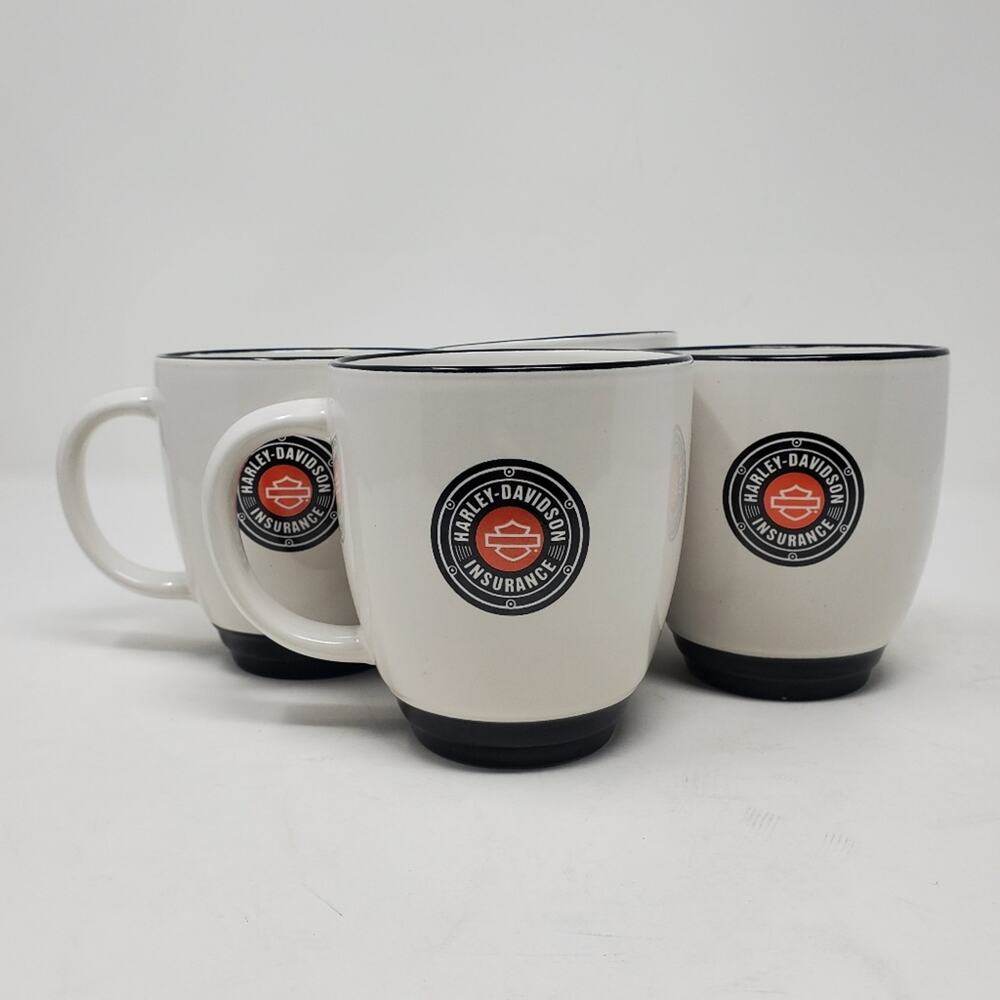 Harley Davidson Insurance Coffee mug set White Ceramic Rare Advertising Set of 4